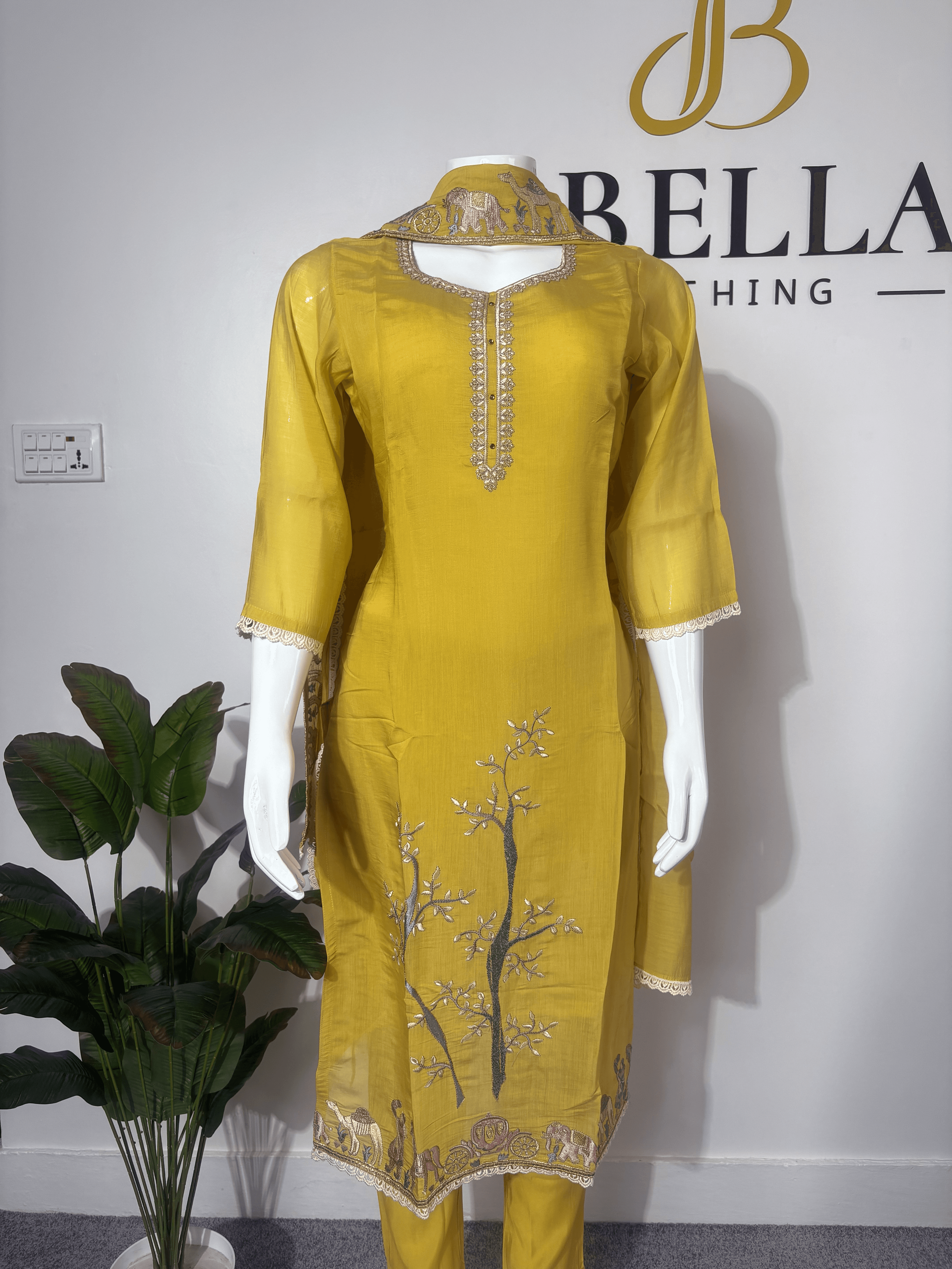 Yellow Cotton Embroidered Kurtha Set with Cotton Dupatta for Women