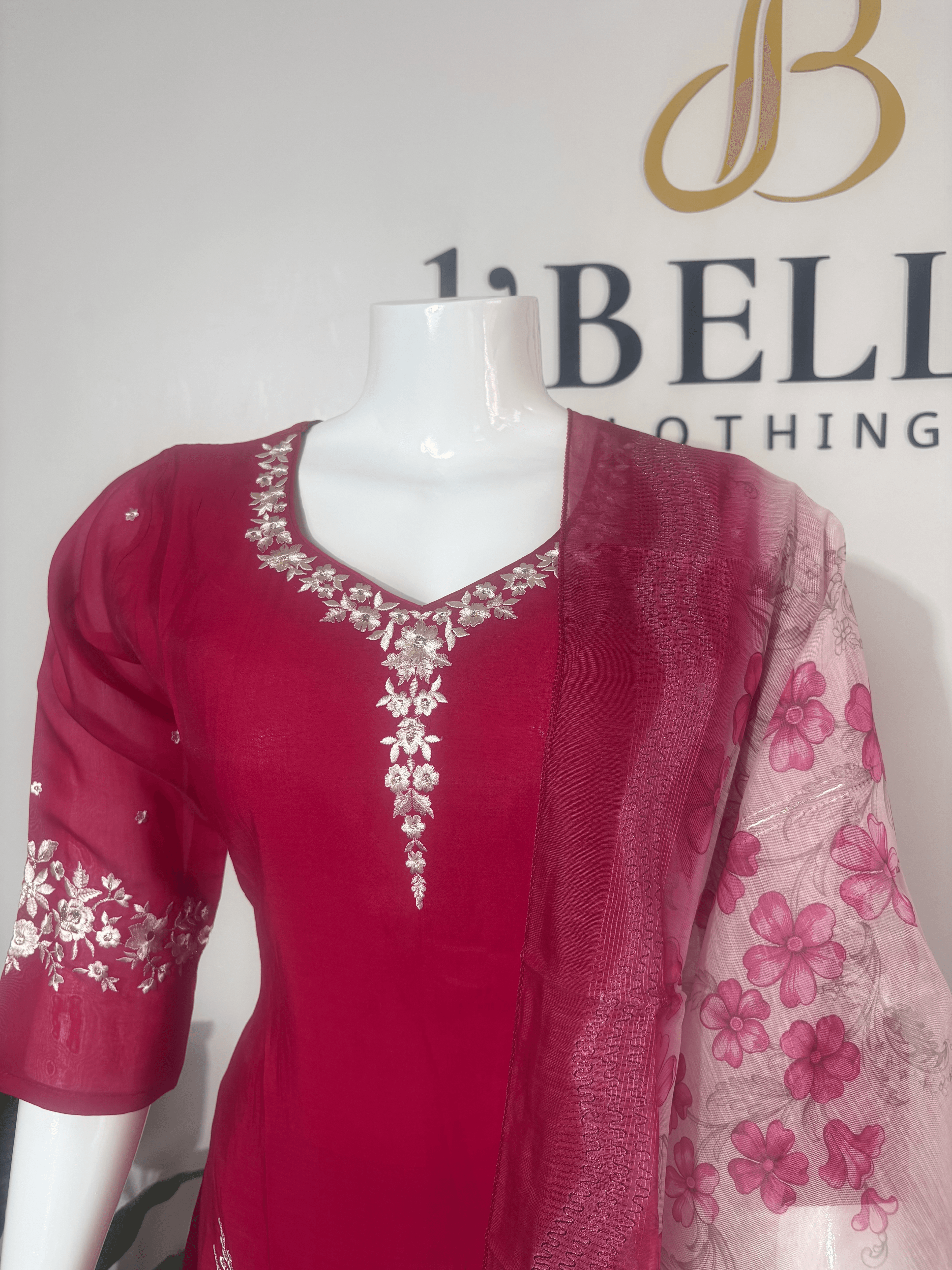 Dark Pink Mul Chanderi White Embroidery