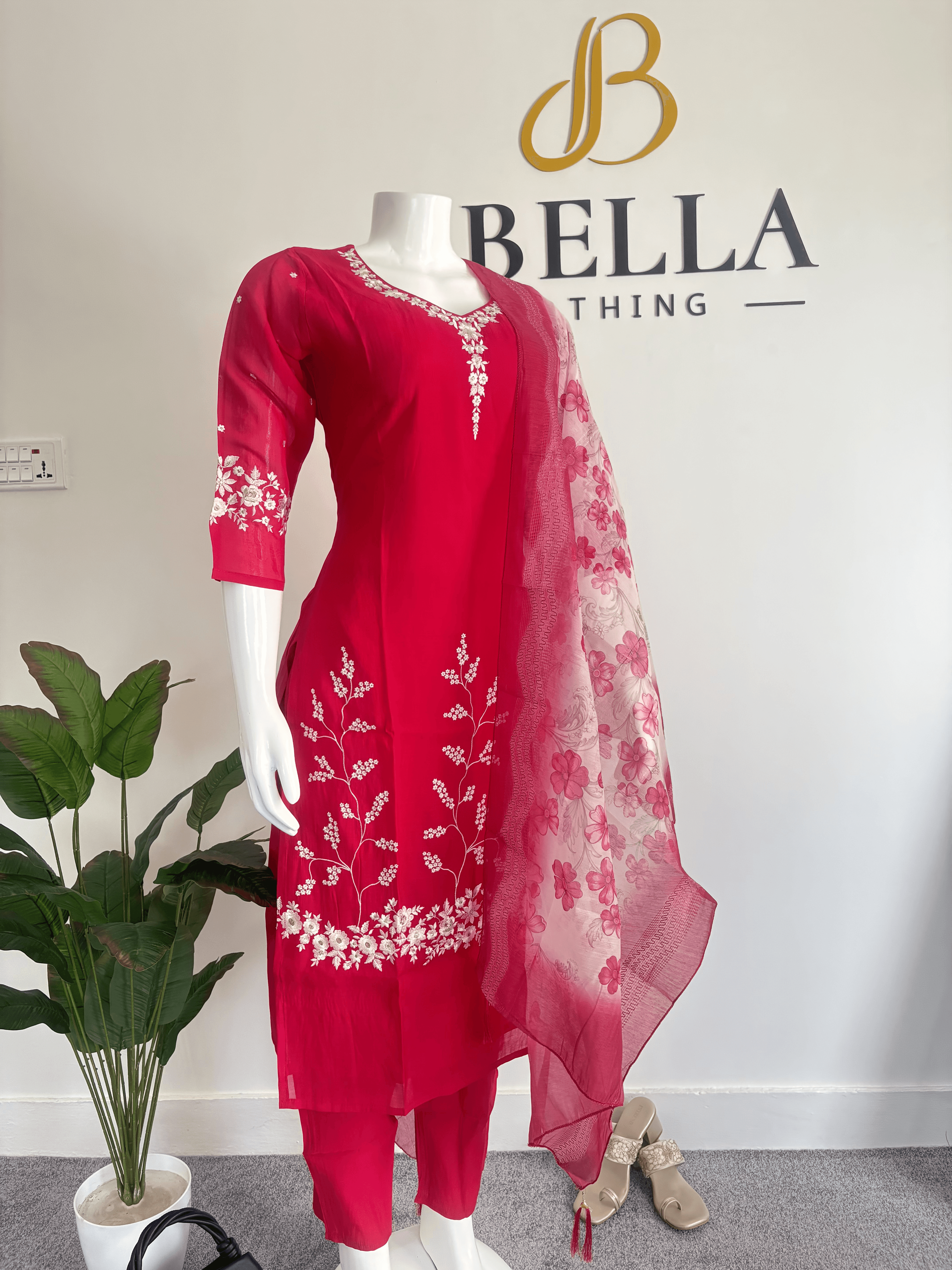 Dark Pink Mul Chanderi White Embroidery