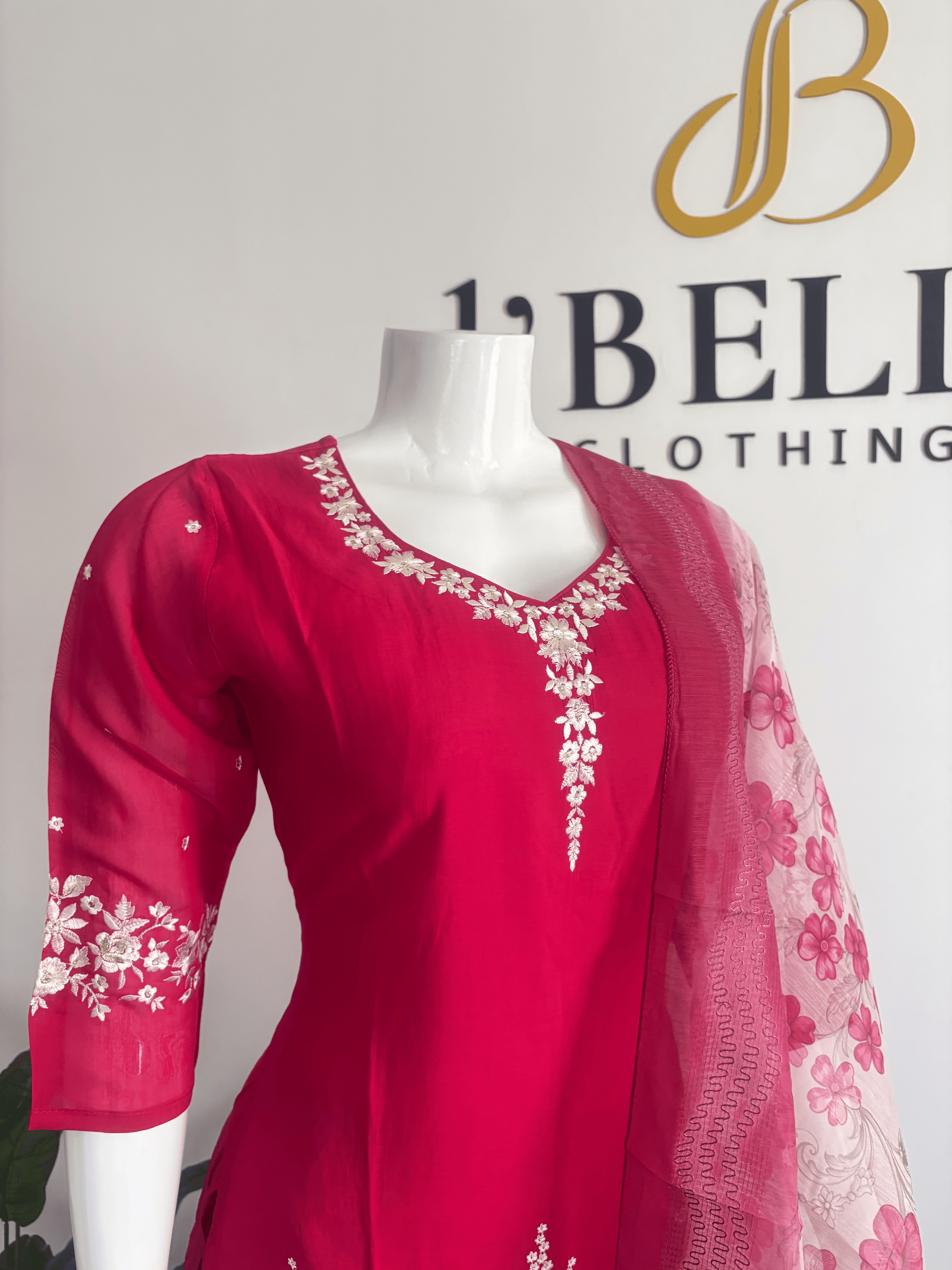 Dark Pink Mul Chanderi White Embroidery