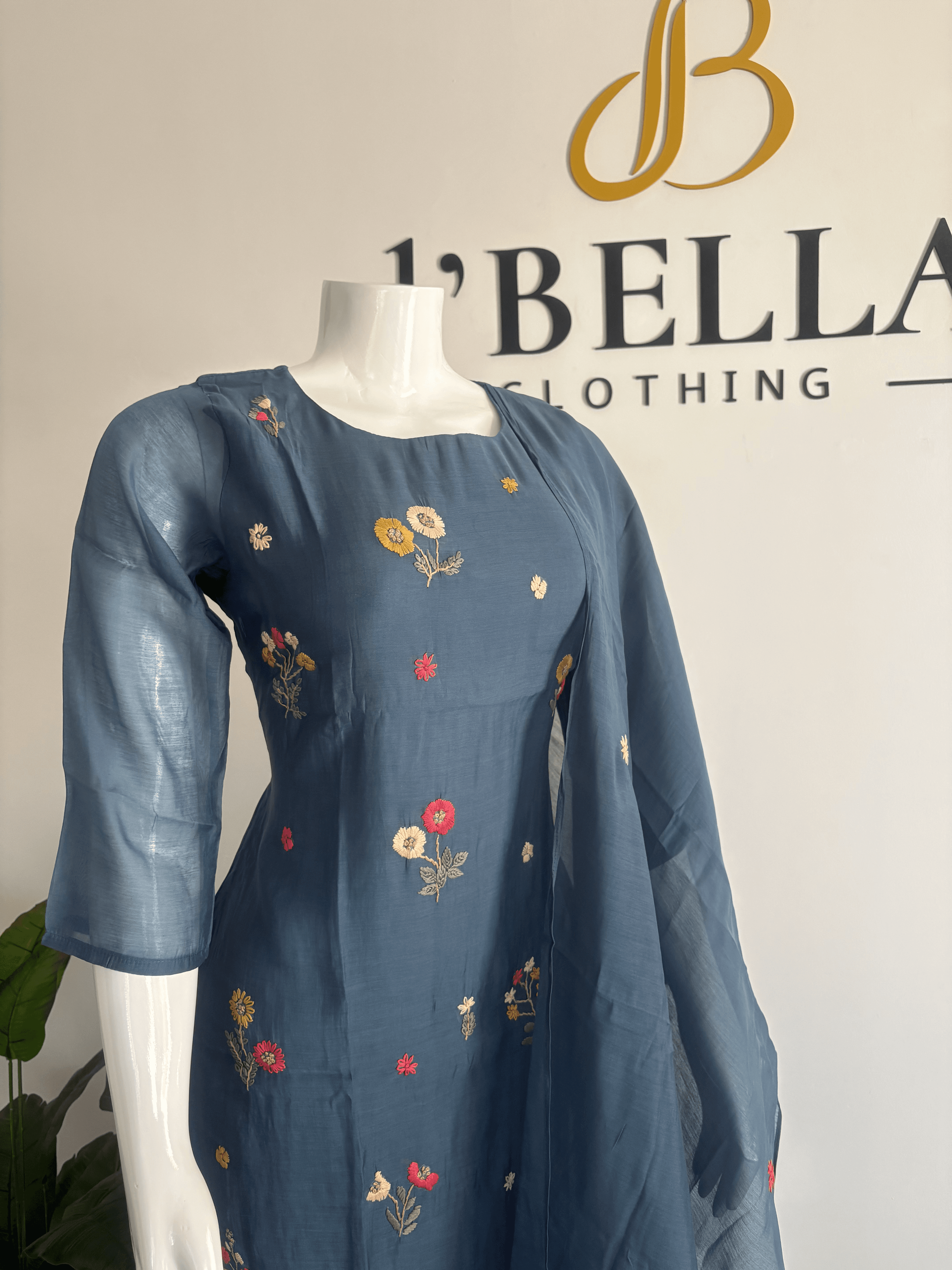 Blue Mul Chanderi Colorful Thread Embroidery