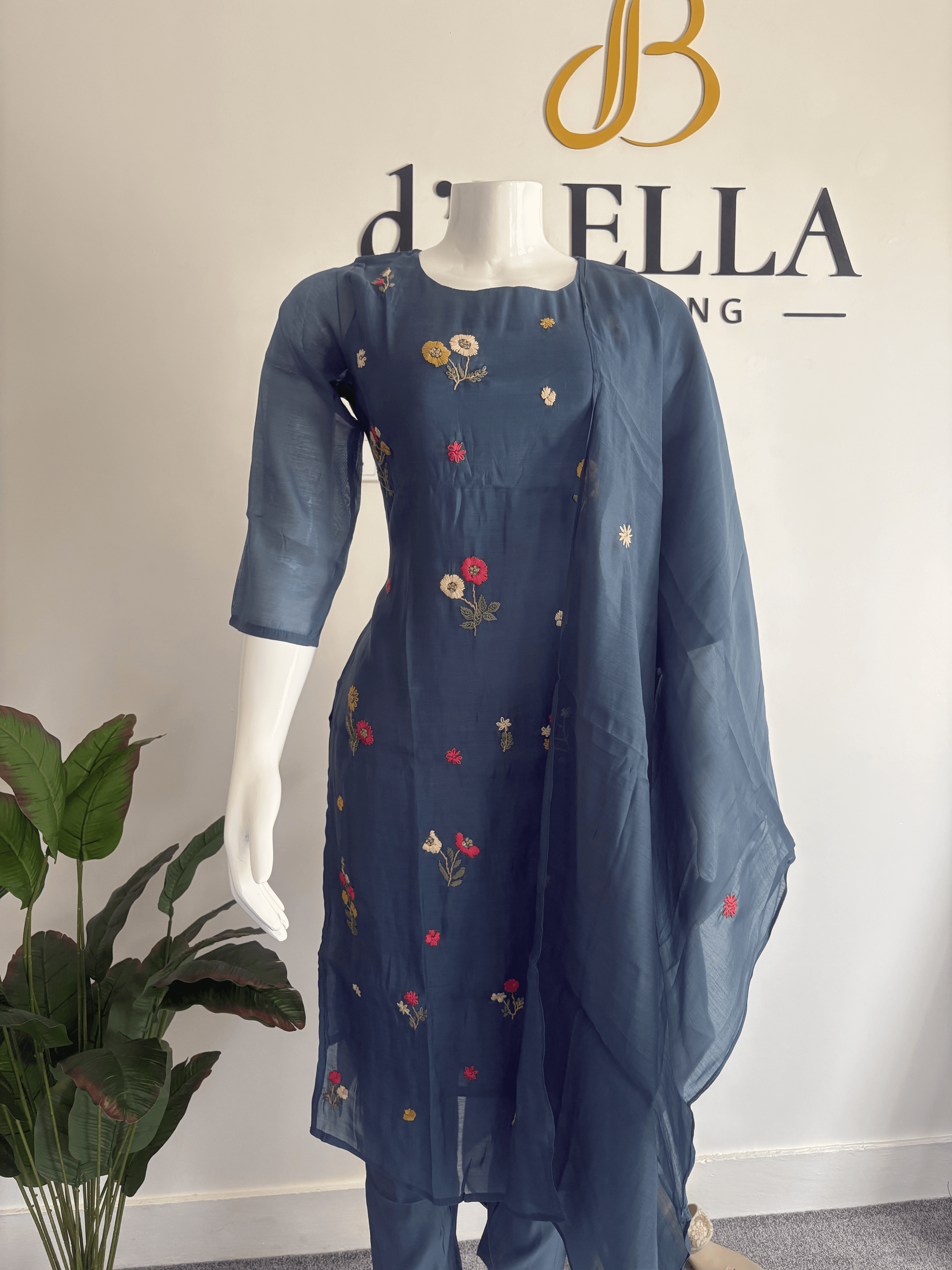 Blue Mul Chanderi Colorful Thread Embroidery