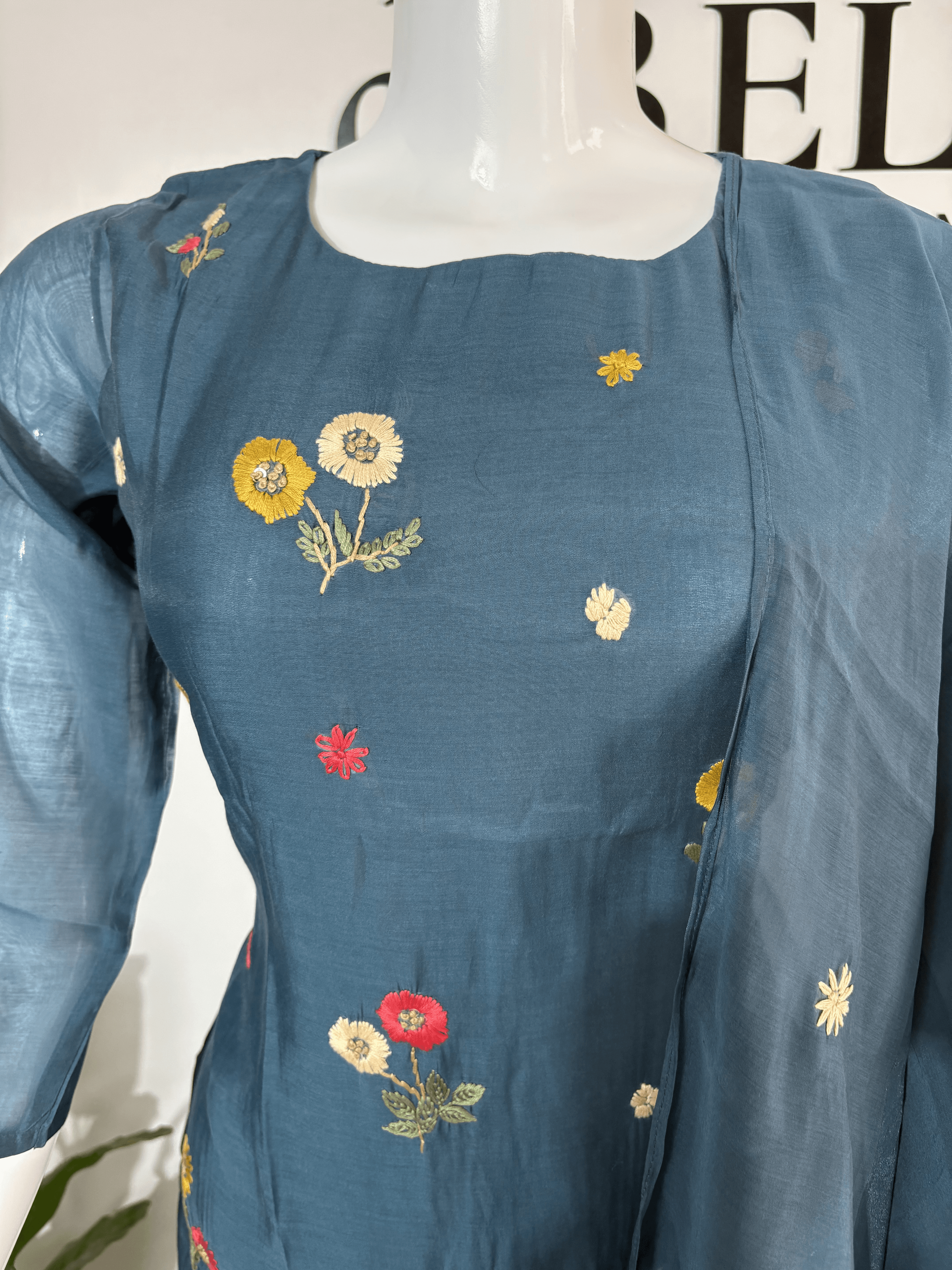 Blue Mul Chanderi Colorful Thread Embroidery