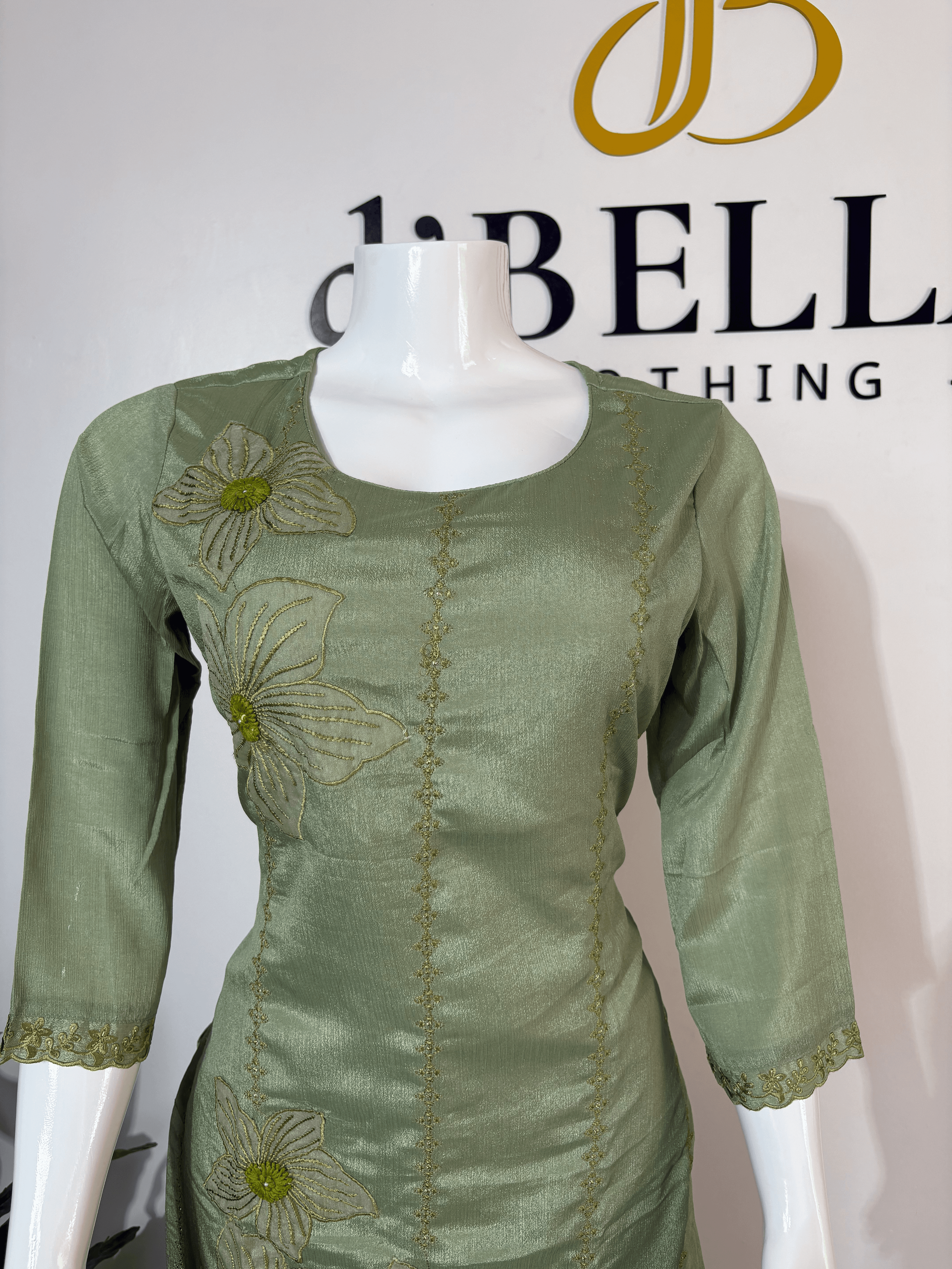 Green Russian Silk Suit Set with 3D Flower Embroidery & Soft Organza Dupatta