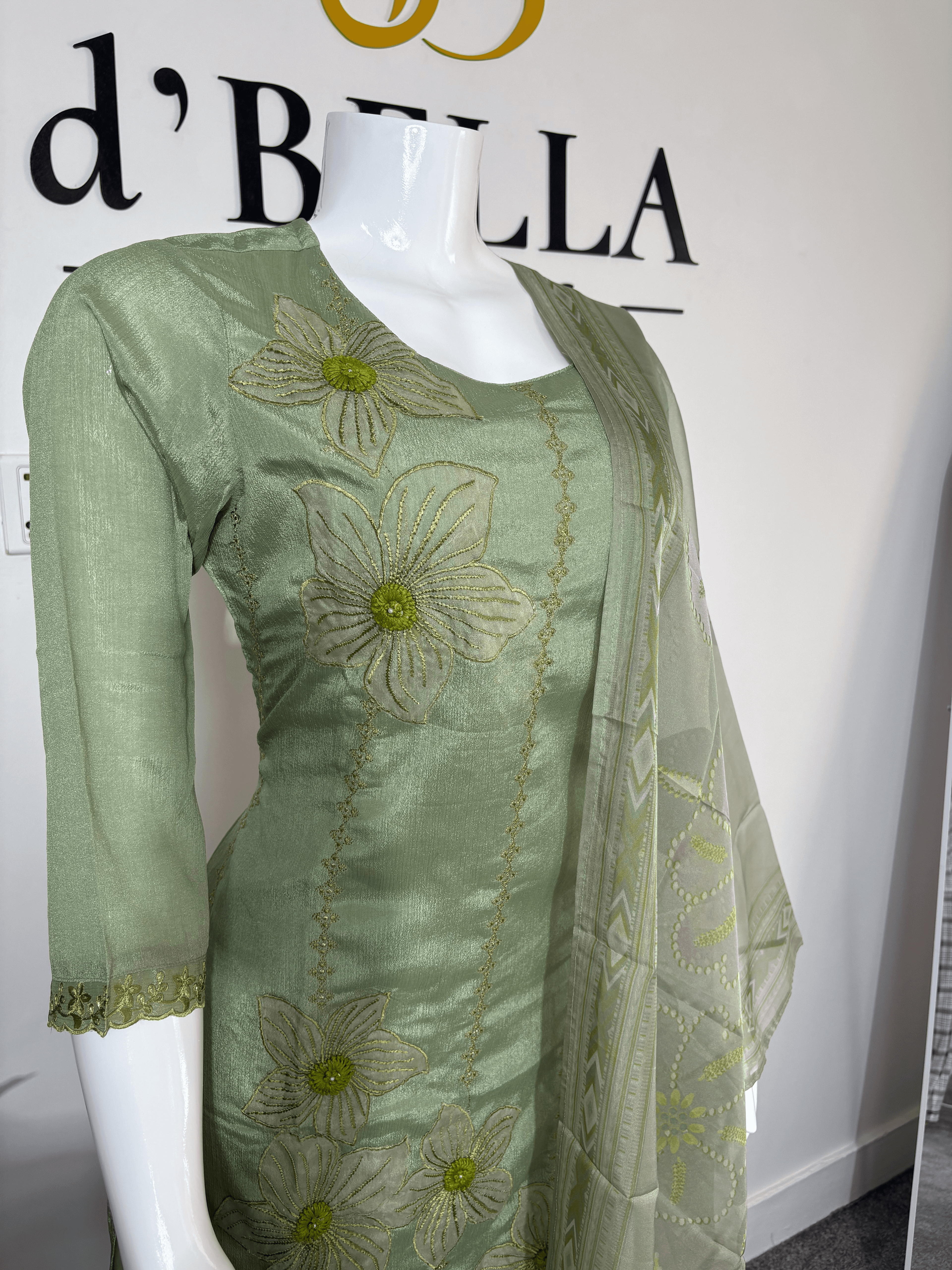 Green Russian Silk Suit Set with 3D Flower Embroidery & Soft Organza Dupatta