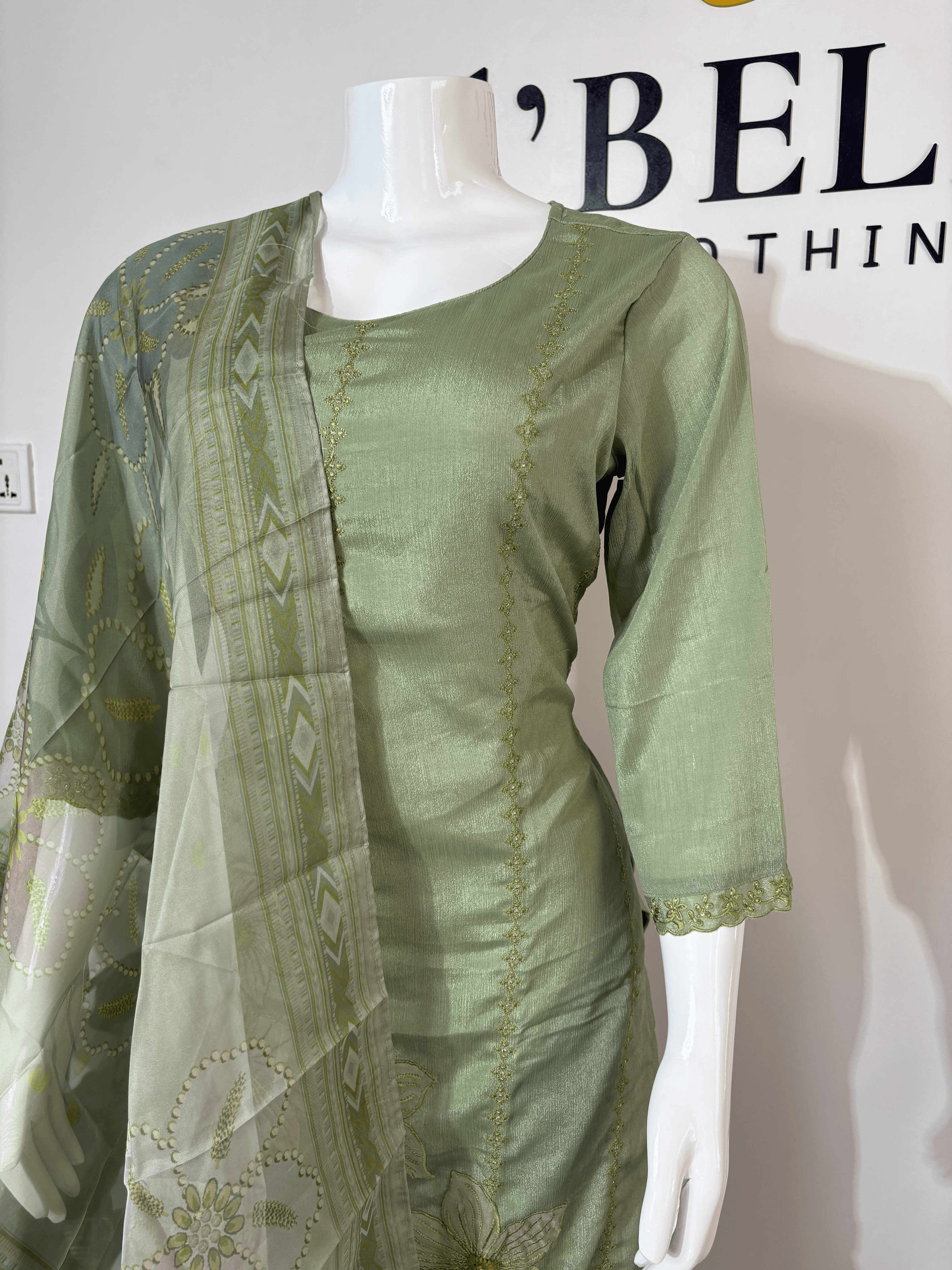 Green Russian Silk Suit Set with 3D Flower Embroidery & Soft Organza Dupatta