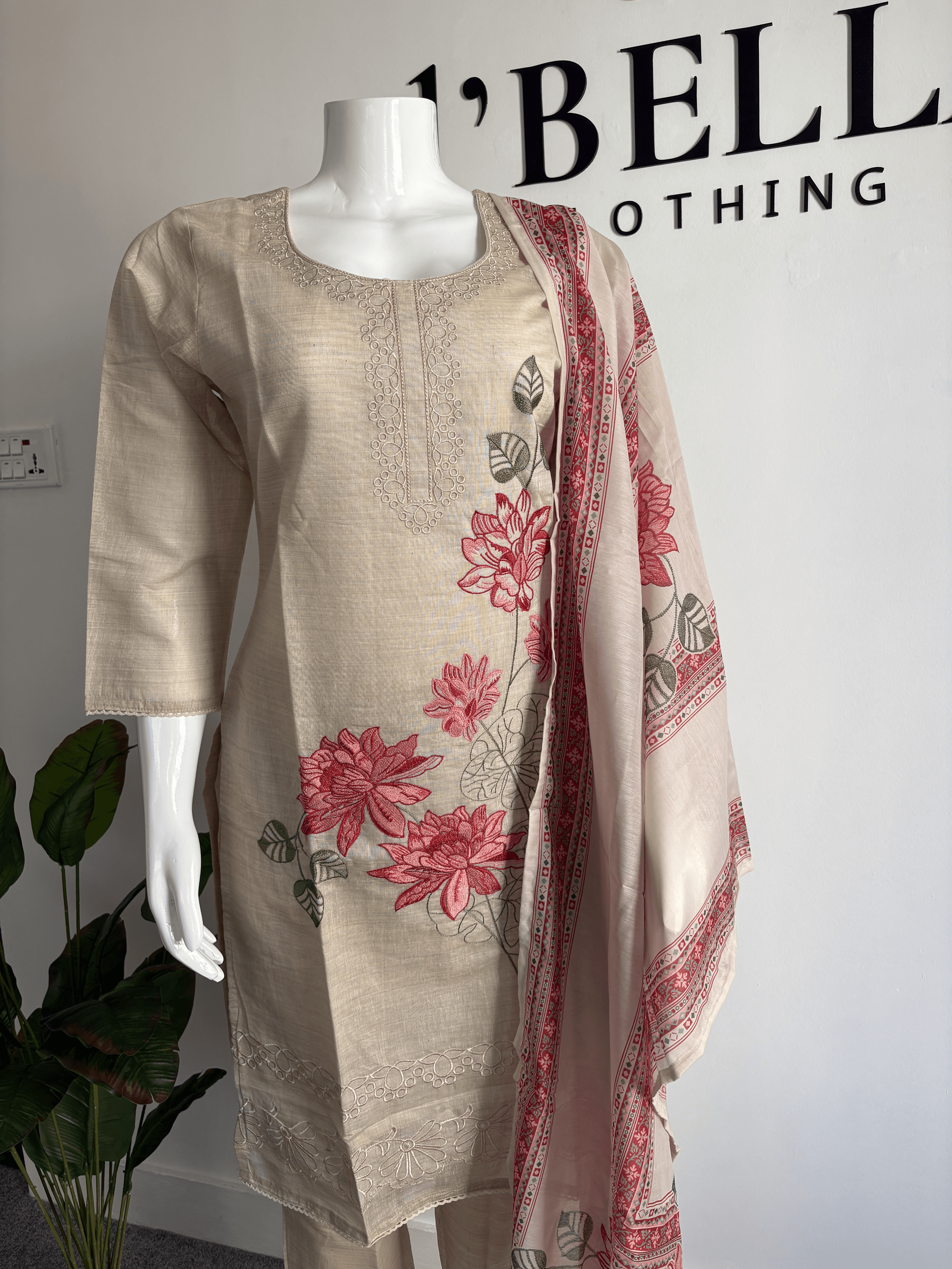 Khadi Cotton Embroidered Kurtha Set with Printed Dupatta for Women