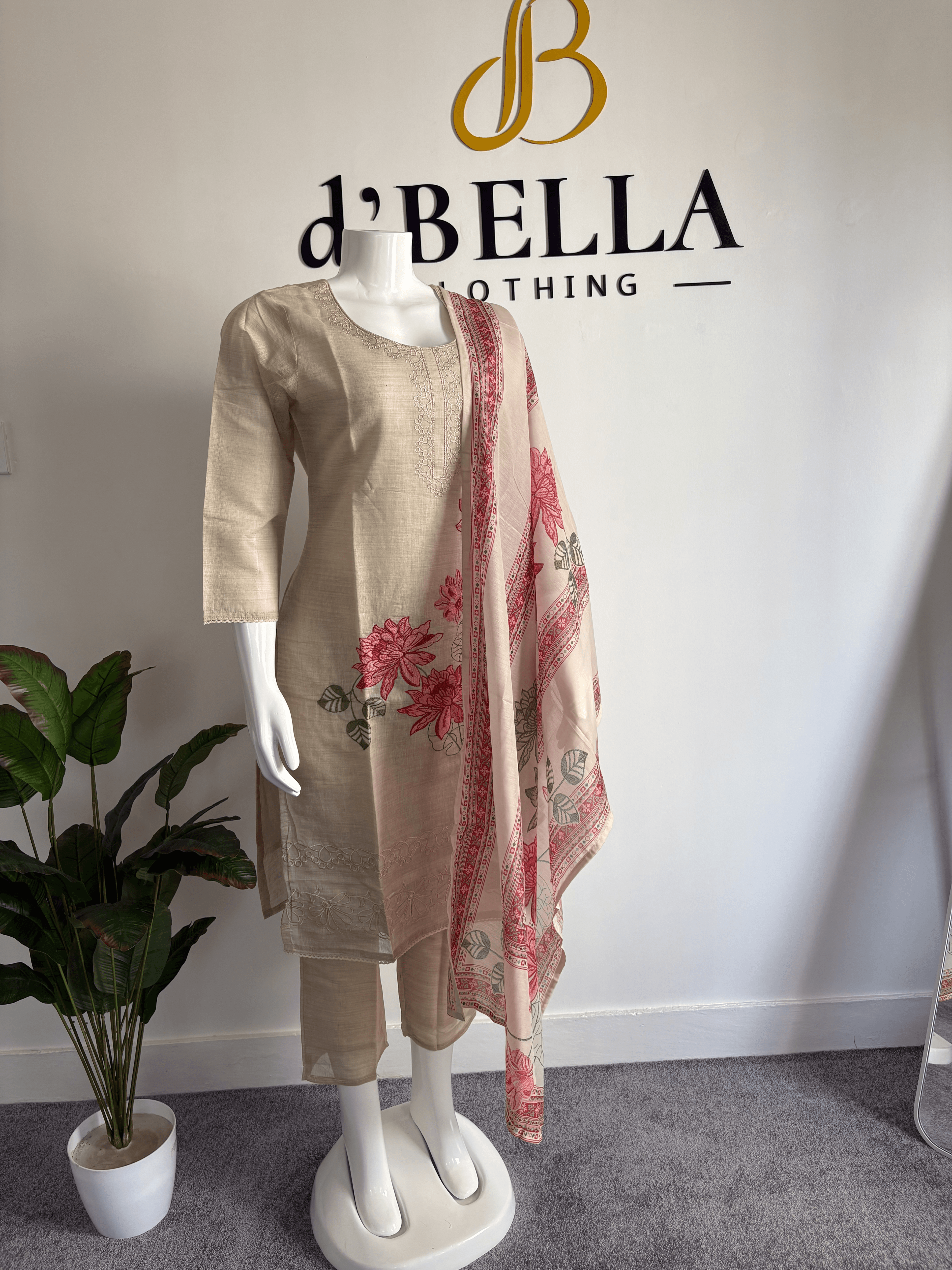 Khadi Cotton Embroidered Kurtha Set with Printed Dupatta for Women