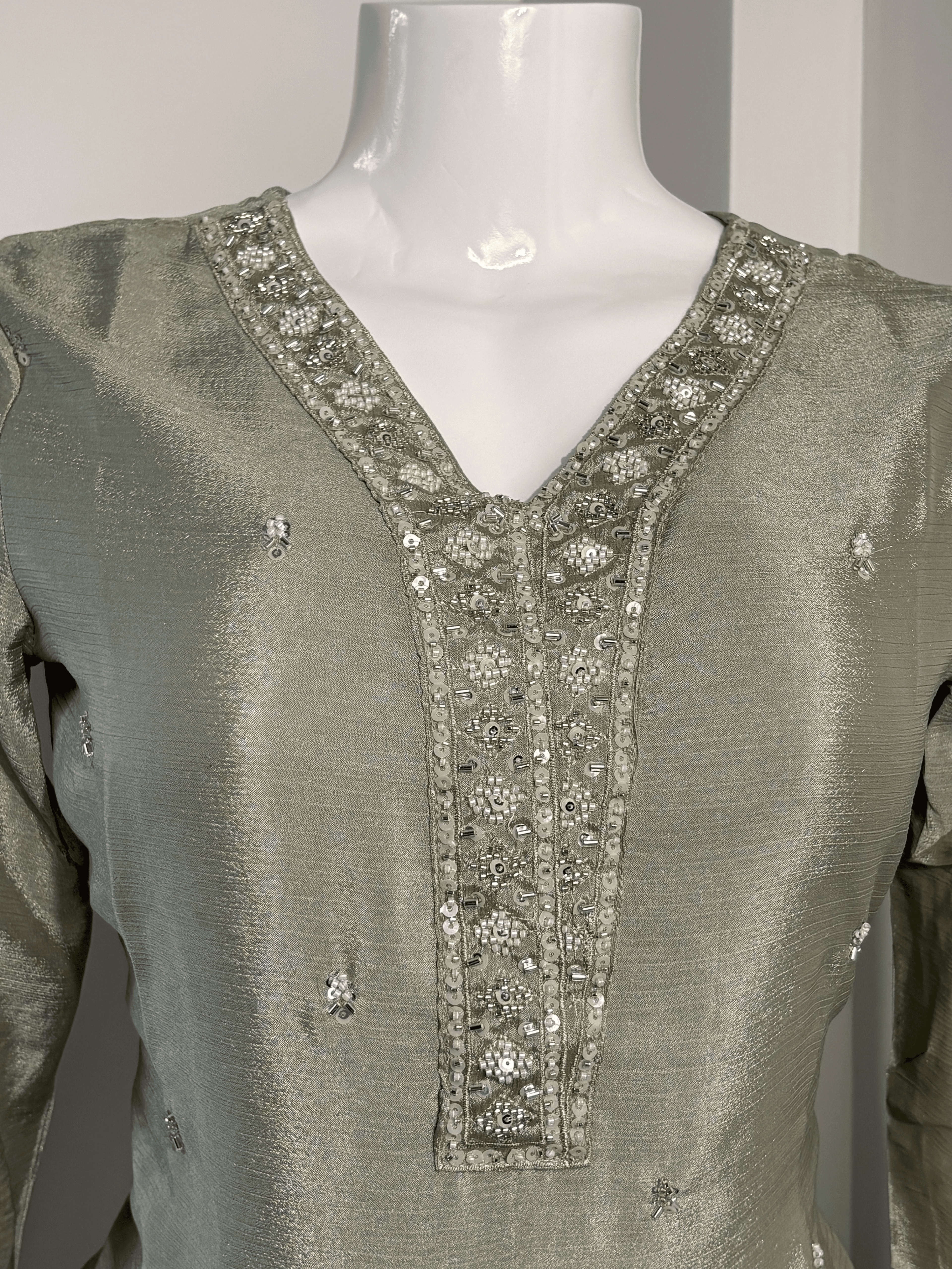 Pista Green Shimmer Silk Handwork Co-ord Set in Chinnon Fabric