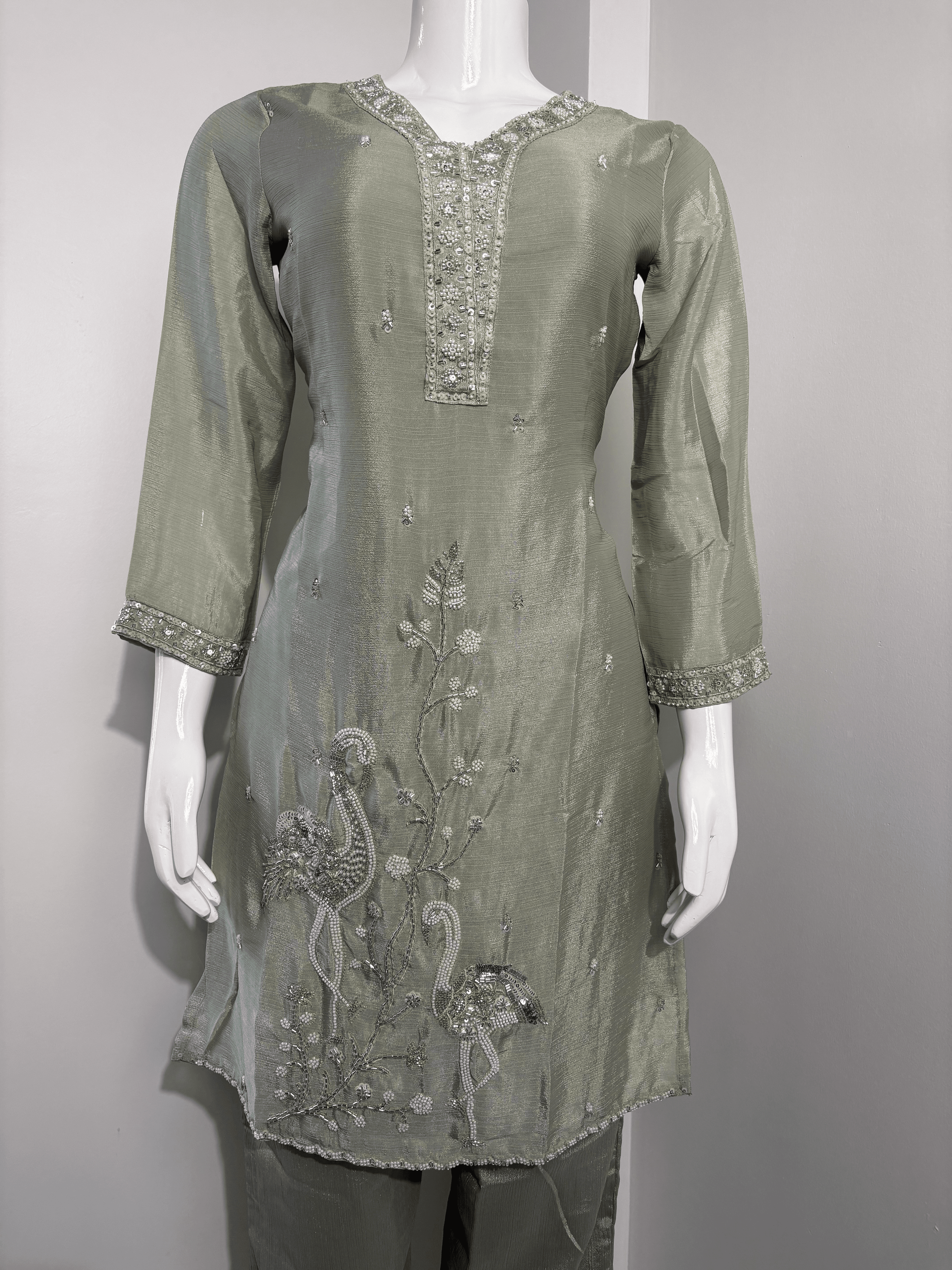 Pista Green Shimmer Silk Handwork Co-ord Set in Chinnon Fabric